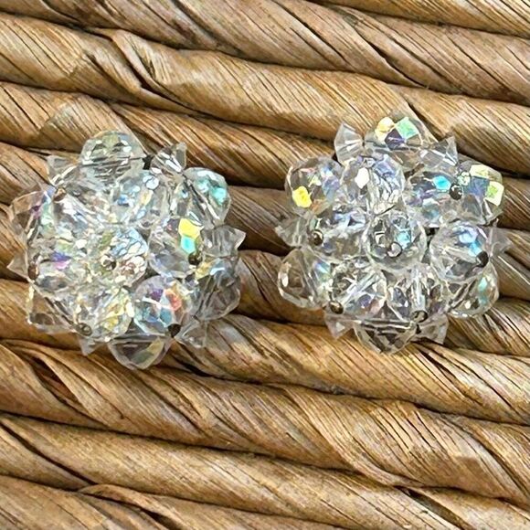 Vintage AB Rhinestones Clip-On Earrings Clear Aurora Borealis Silver-tone Round - Picture 1 of 8